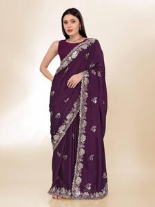 Nouveau concepteur Chinon soie séquence broderie travail Saree avec chemisier doux indien en vrac Saree pour la fête et les fonctions spéciales - Product Image 2