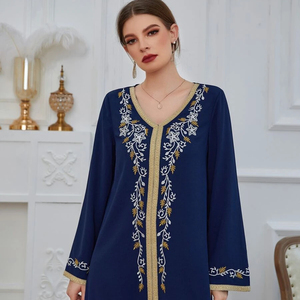 Customized Women's Polyester Fit Flare Long Sleeve Maxi <b>Dress</b> Floral Embroidered Muslim <b>Dress</b> Belt Floor-Length Woven Decoration - Product Image 1