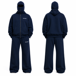 Conjunto Deportivo Personalizado Azul Marino con Capucha Doble, Sudadera con Cremallera Oversize y Pantalones Anchos, Ropa Urbana OEM ODM de Marca Privada - Product Image 3
