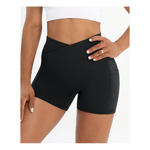 Short de yoga extensible en spandex de gymnastique active pour femmes Pack de 2 pièces Poches latérales croisées à motif solide Poches latérales de compression - Product Image 4