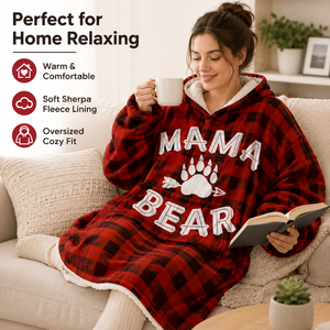 Couverture à capuche portable en flanelle ultra douce, à carreaux rouge et noir Buffalo MAMA BEAR, avec doublure épaisse en sherpa et isolation thermique élevée - Product Image 4