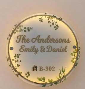 Custom Illuminated Circular <b>Name</b> <b>Plate</b> | Handmade Leaf Printed Acrylic Door Sign | Personalized LED <b>House</b> Plaque - Product Image 1