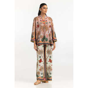 ชุดเซ็ตพิมพ์ลายโบฮีเมียนครอสแฮทช์ รุ่น IPST-77151 ชุดเซ็ต 2 ชิ้น เสื้อแขนสามส่วน กางเกงขาสั้นยาวระดับเข่า สำหรับฤดูใบไม้ผลิ/ฤดูร้อน - Product Image 1