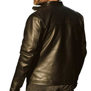 Round Snap Tab Collar Cowhide Black Leather <b>Jacket</b> Full Sleeves Ribbed Leather <b>Jacket</b> with Zippered Cuff Stylish <b>jacket</b> <b>for</b> <b>men</b> - Product Image 6