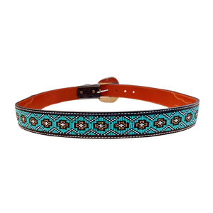 Ceinture en cuir de cowboy vintage noire importée avec boucle en laiton, cuir véritable, design en zigzag perlé turquoise - Product Image 4