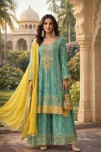 Traje Anarkali de tres piezas en tela de seda Chinnon con bordados elaborados y trabajo con hilos, ideal para bodas y fiestas, en venta. - Product Image 5