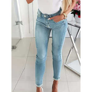 กางเกงยีนส์สกินนี่สีน้ำเงินสำหรับผู้หญิง ผ้าเดนิมยืดหยุ่นสูง ตกแต่งมุกเทียม ทรงเข้ารูป ดีไซน์ผ่าข้าง เอวสูง ระบายอากาศได้ดี - Product Image 2