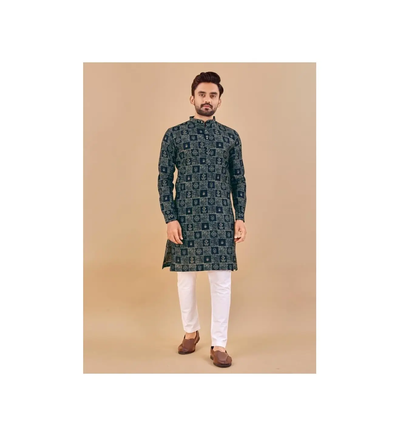 Festa tradizionale indiana indossare seta di cotone pesante con kurta stampato con pigiama per gli uomini a basso e prezzo economico