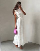 Robe midi blanche unie en dentelle tissée à œillets, élégante, sans manches, fendue, taille naturelle, moulante, en coton, pour femme, vente en gros