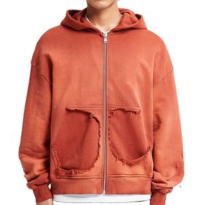Sudadera con Capucha Personalizada para Hombre, Mezcla de Algodón, Estilo Desgastado con Lavado Ácido, Estampado, Corte Holgado con Cremallera, Estilo Urbano, con Pedrería - Product Image 1