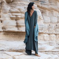 Vestido Maxi Kaftán Bohemio de Algodón Gasa Teñido Liso con Cintura Natural, Dobladillo Acampanado Hecho a Mano, Cuello en V, Manga Larga y Abertura Alta