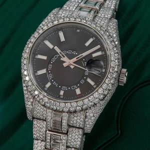 Montre unisexe en acier inoxydable analogique résistante à l'eau avec bracelet en cuir entièrement serti de diamants Moissanite à mouvement automatique cadran noir - Product Image 3