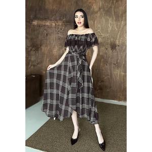 Vestido de encaje a cuadros marrón - Marrón - Product Image 1