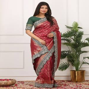 Sari tejido Premium Kadi Georgette Jal Zari con bordado pesado y borde de encaje de lentejuelas Ideal para bodas y fiestas - Product Image 1