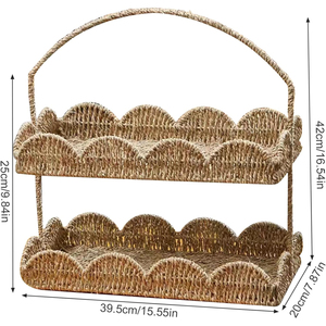 Tienphong 2024 Handmade Scalloped <b>Basket</b> 2 Layers Seagrass <b>Baskets</b> Tray <b>with</b> <b>Handle</b> Rustic Decorative Woven <b>Basket</b> - Product Image 6