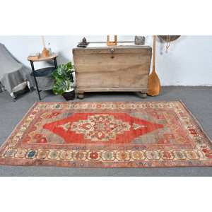 Alfombra roja y beige de Anatolia, alfombras turcas de 3,8x7 pies - Product Image 1