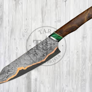 Couteau utilitaire de chef en acier Damas cuivré fait main, lame pleine, bord droit, manche en bois de noyer, gaine en cuir à bouton-poussoir, haute qualité - Product Image 2