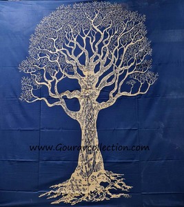 Tapiz con Estampado Azul Dorado DRY TREE, Decoración de Pared con Impresión Digital, Hecho a Medida, Sábana de Algodón al por Mayor GC-TPDB-191. - Product Image 1