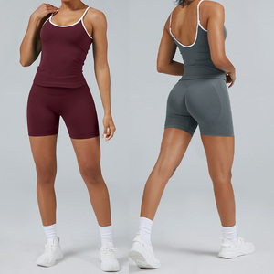 Conjunto de entrenamiento acanalado sin costuras para mujer, Sujetador deportivo sin espalda, botín de motorista corto, conjuntos de entrenamiento de 2 piezas, camisetas sin mangas acolchadas - Product Image 4