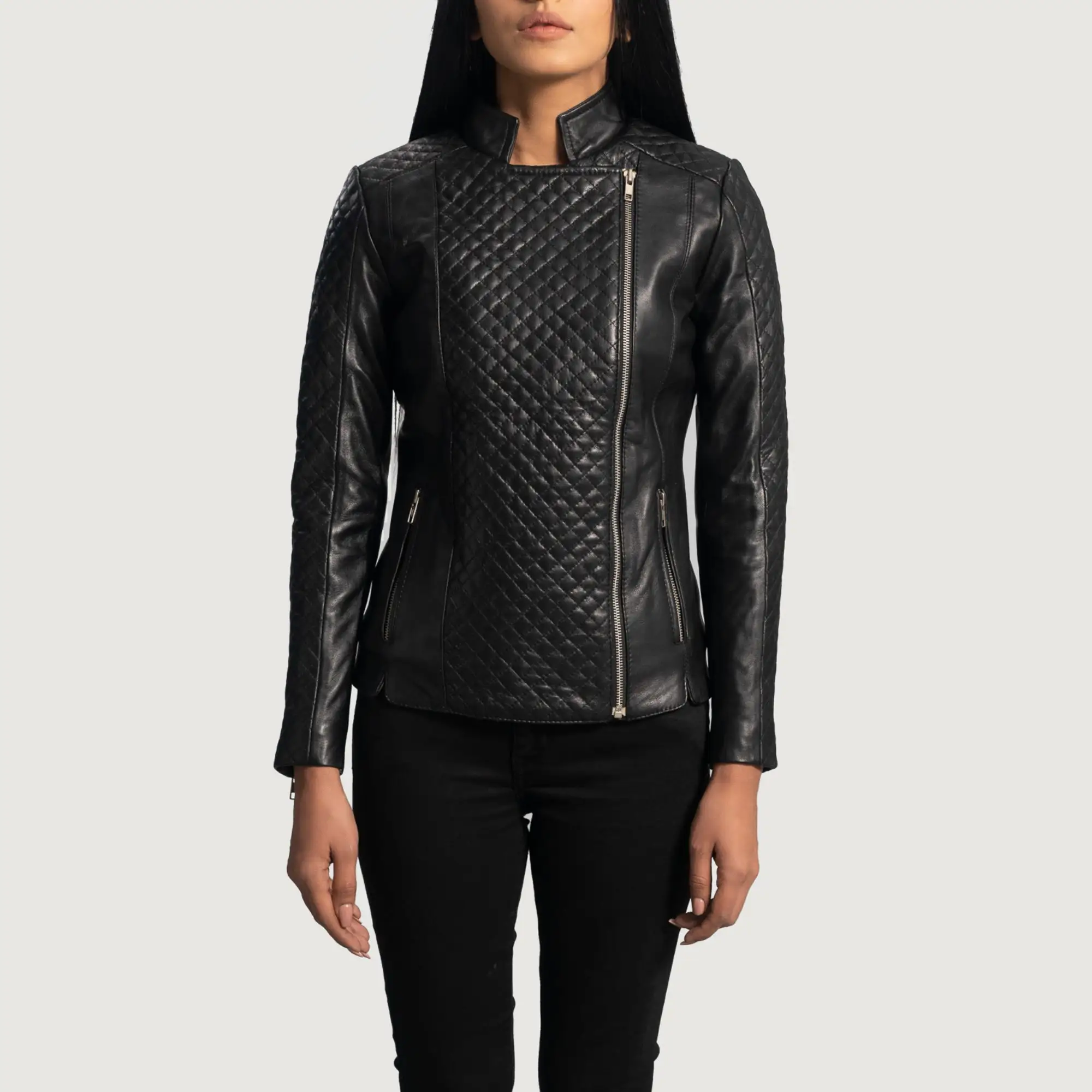 Real Leather Sheepskin Aniline Zipper Orient Grain Quilted Black Women Biker Jacket with Quilted Viscose Lining and Inside Outsi