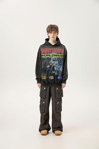 Vente en gros Sweats à capuche noirs épais délavés à l'acide pour hommes Impression DTG personnalisée de haute qualité Coton respirant brodé à rayures matelassé - Product Image 3