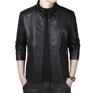 <b>Men's</b> New Motorcycle Varsity Leather <b>Jacket</b> Zipper Slim Fashion PU Leather <b>Suede</b> Casual Stand Collar Front Logo - Product Image 1