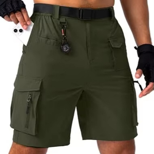 กางเกงขาสั้นคาร์โก้ของผู้ชายเอวสูงผ้าถักระบายอากาศได้สไตล์ลำลองย้อมสีทึบ - Product Image 1