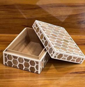 Handcrafted Rectangle Honeycomb Pattern Wooden Bone Inlay Tabletop Jewelry <b>Storage</b> <b>Box</b> for Home Decor and Gift Packaging - Product Image 1