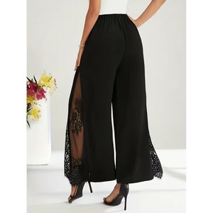 Pantalon en crêpe importé à taille haute pour femme avec bordure en dentelle sur le côté, 36837 - Noir - Product Image 5