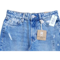 Pantalon en jean décontracté pour femme, coupe droite, coton élasthanne, cinq poches, taille mi-haute, délavage clair, effet vieilli, pulvérisation PP, sablage
