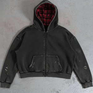 Sudadera con Capucha Personalizada, Estilo Desgastado, Lavado Ácido, Cierre de Cremallera, Alta Calidad, Corte Regular Informal, Invierno, 100% Algodón, con Pedrería - Product Image 1