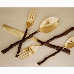 Antique Rough Stem Design Handle Gold Color Brass Polished <b>Cutlery</b> Set of Five Piece Place Setting for Party - Product Image 1