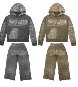 Acid Wash SweatSuits 100% algodón grueso Zip up apliques acampanados chándales sudaderas con capucha completos y pantalones de chándal conjuntos para M - Product Image 3