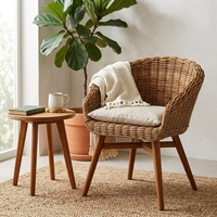 Fauteuil seau en rotin naturel tressé, moderne, durable et écologique, avec pieds en bois, pour extérieur et patio