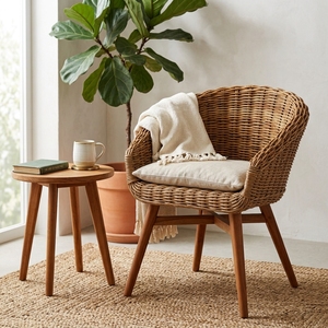 Fauteuil seau en rotin naturel tressé, moderne, durable et écologique, avec pieds en bois, pour extérieur et patio - Product Image 3