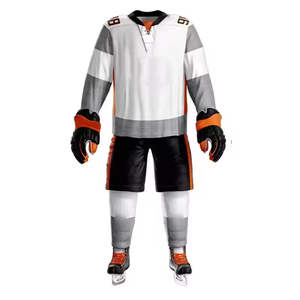 Uniforme de Hockey sobre Hielo Personalizado, Blanco, Gris, Naranja, Negro, Dorado, con Nombre y Número del Jugador Cosidos, Jersey, Pantalones Cortos, Calcetines, Guantes, Equipo Completo, Deportes - Product Image 2