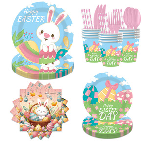 Kit de Vajilla Desechable para Fiesta de Conejitos de Pascua, Pancarta de Papel, Mantel, Platos de Papel, Vasos, Cubiertos para Fiesta de Pascua - Product Image 1