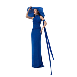 Robe longue bleu marine à épaules dénudées pour femmes d'été Polyester Spandex Design unique OEM ODM Vietnam - Product Image 2