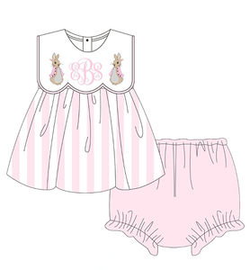 Conjuntos de Ropa Infantil de Boutique para Niños, Bordados de Pascua, Cómodos, Vestido a Rayas para Hermanos, Niños y Niñas, Rosa y Azul, con Volantes y Conejito - Product Image 5