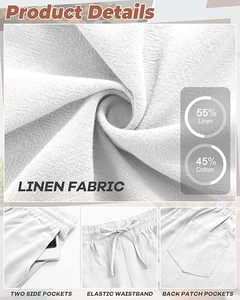 Lot de 3 shorts en coton et lin pour hommes, taille élastique, avec cordon de serrage, short de plage d'été au genou avec poche - Product Image 6