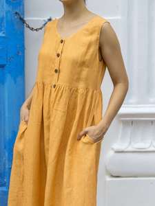 Combinaison mi-longue en lin/coton jaune moutarde, col en V, manches bouffantes, style doux, avec poches pour femmes, occasion de Noël - Product Image 2