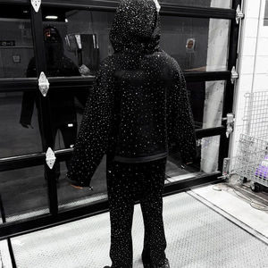 Custom Mens <b>Zip</b>-Up Full-Face <b>Hoodie</b> & Sweatpants Set Acid Wash Rhinestone Reflective Streetwear Custom Manufacturer - Product Image 5