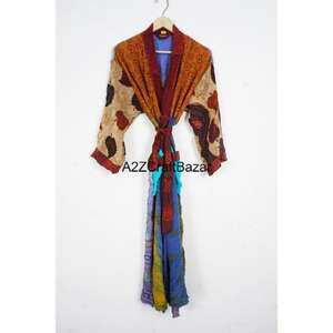 Indian Handmade Silk Kimono Robe V-Neck Drawstring Closure Patchwork Design Long Sleeves Four-Season Elegant Boho Chic <b>Women's</b> - Product Image 1