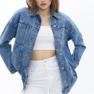 Abrigo vaquero desgastado para mujer al por mayor abrigo de invierno de diseño largo Chaquetas vaqueras de algodón azul para ropa informal - Product Image 4