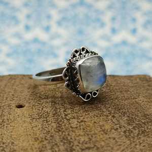 Meilleur prix bague de mariage en argent sterling 925 8mm pierre de lune pierre précieuse coussin forme cabochon coupe lunette ensemble fêtes anniversaires - Product Image 1