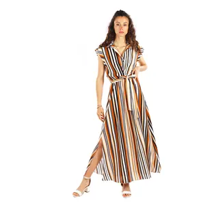 Contemporary Chic Stylish Belted Chemisier with Eclectic Stripe Pattern Perfect for a Stylish Look size small