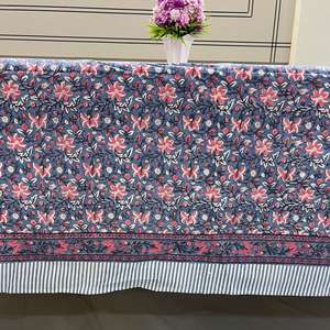 Grey Blue, Cornus florida Pink Floral Indian Hand Block Printed cloth Tablecloth, Handcrafted Cloth <b>Table</b> <b>Cover</b>, Christmas - Product Image 4