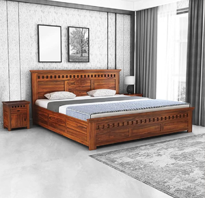 Lit moderne du milieu du siècle, tête de lit en rotin et en tissu, cadre en bois, finition claire, mobilier de chambre élégant. - Product Image 3