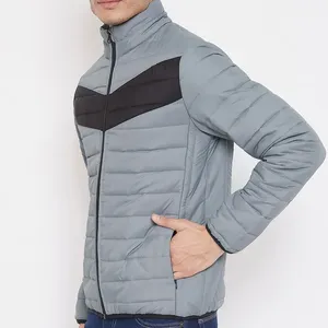 Veste matelassée pour homme, gris et noir, à blocs de couleur, col montant, fermeture éclair, coupe-vent, décontractée, pour l'hiver, rembourrage en polyester, coussinets chauds - Product Image 6