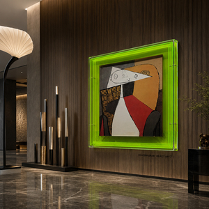Abstract Portrait Wall Art Handmade Mixed Media Painting with Green Acrylic <b>Frame</b> <b>for</b> Home Hotel House Interior Decoration - Product Image 1